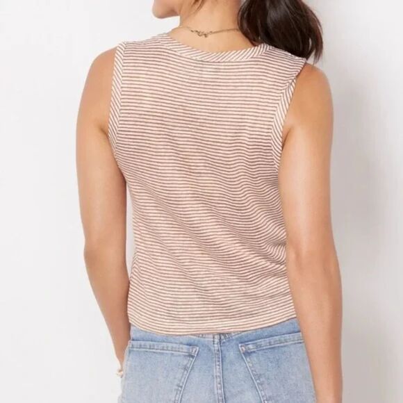 Evereve | Brown and Cream Striped Sleeveless Tie-Front Top | Small - Picture 2 of 10
